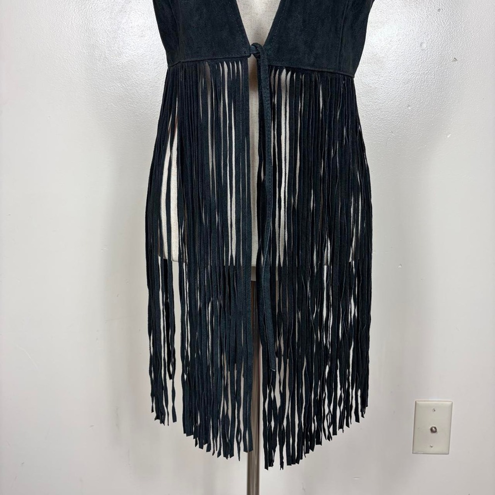 Vintage Y2k Fringe Leather Suede Vest Medium Festival Boho Hippie Western Black - Picture 3 of 7